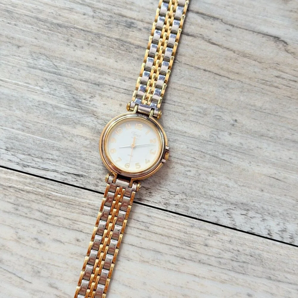 Vintage Timex Quartz Two Tone Petite Dainty Watch Gold Silver Bracelet 90s